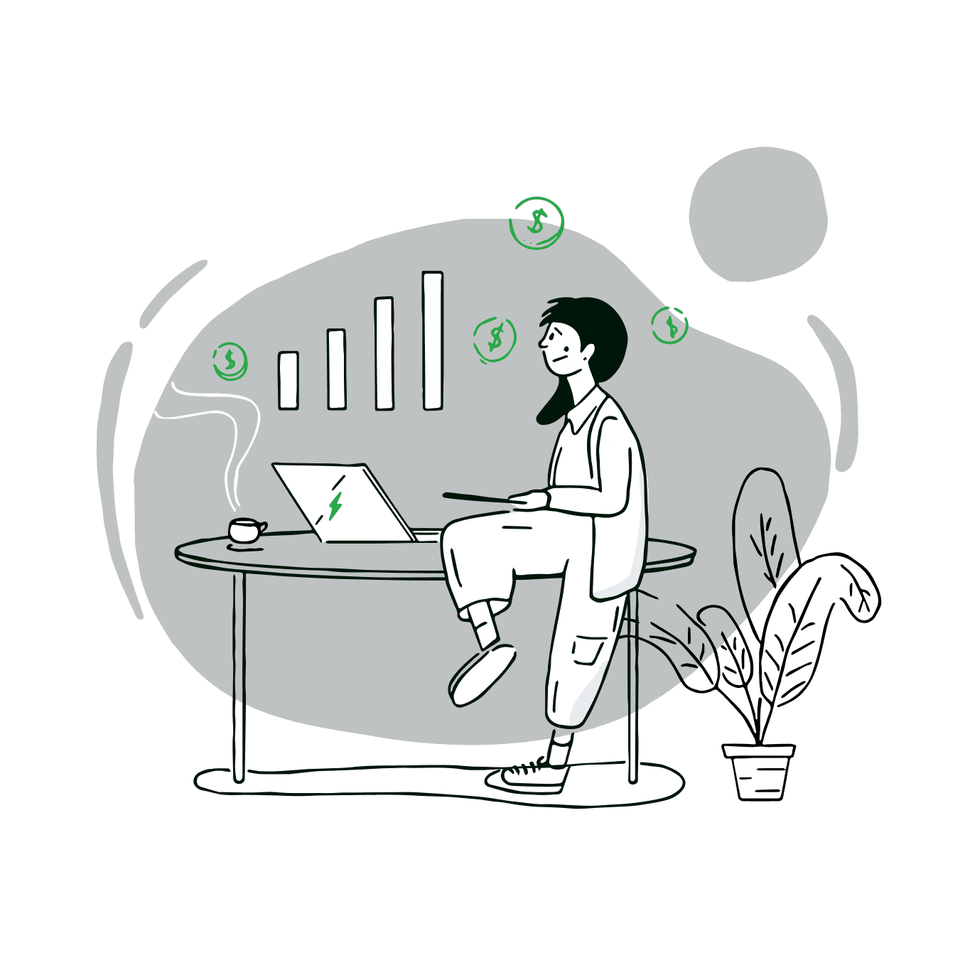 Uma imagem com o desenho de uma pessoa que trabalha na area de T.I. refletindo sobre algo